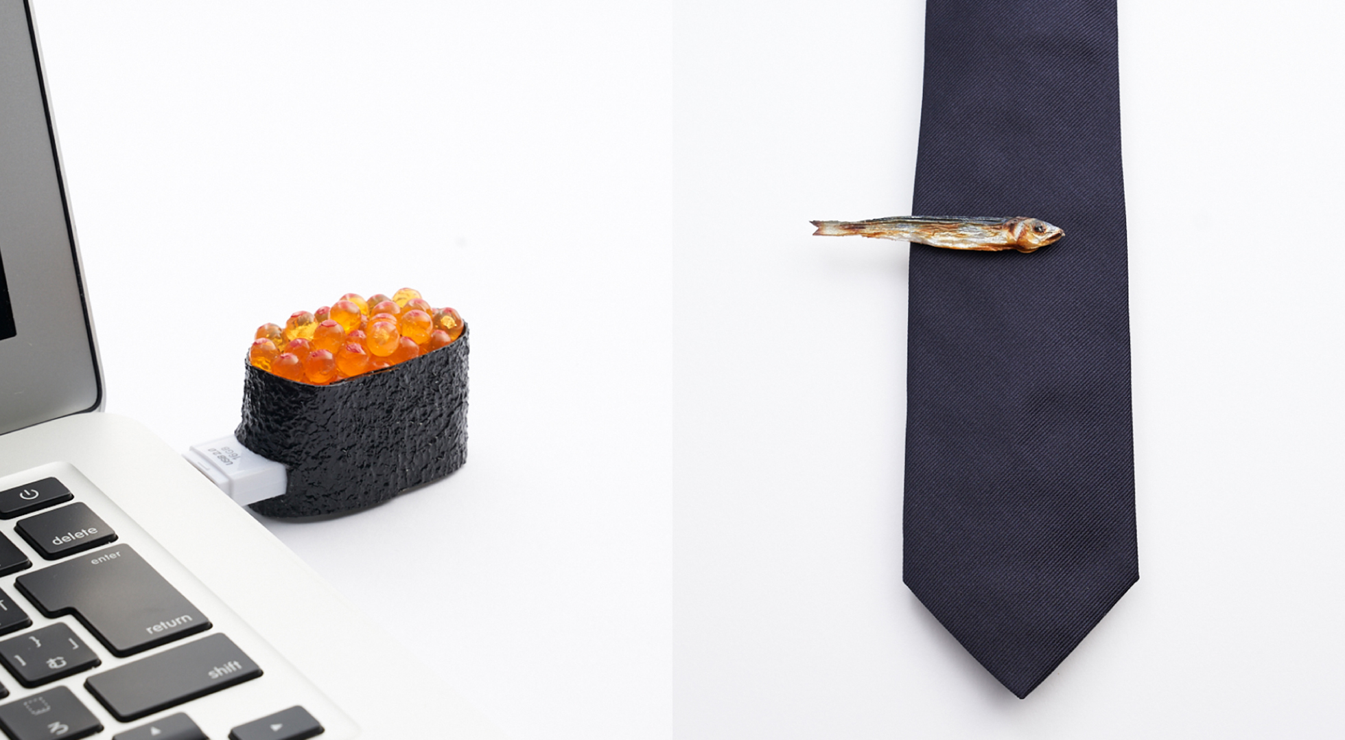 Left: USB flash drive shaped like salmon roe gunkan (“battleship” sushi roll), Right: Tiepin shaped like grilled fish|Morino Sample